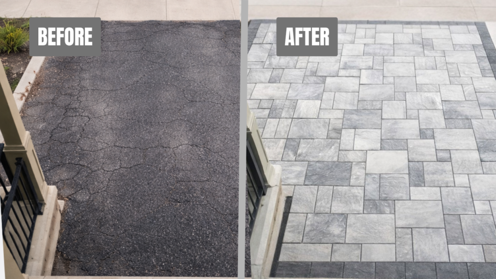 Interlock and concrete driveway before and after in Kleinburg by Inter leaf Paving & Concrete